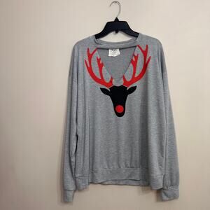 Fanatic Fawn Reindeer Sweatshirt Gray Red Antlers Size Medium Made USA